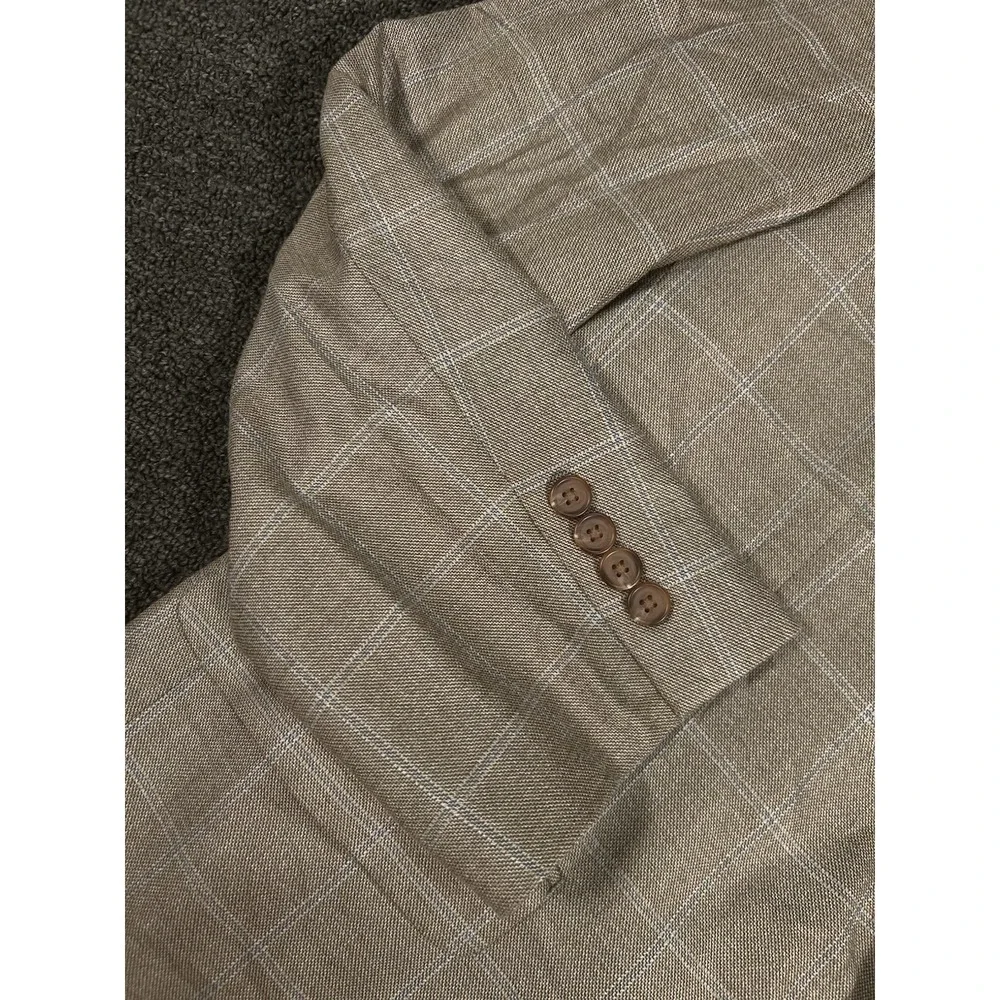 Ralph Lauren Blazer Jacket Men's 46R Beige Windowpane Check Silk Wool Modern